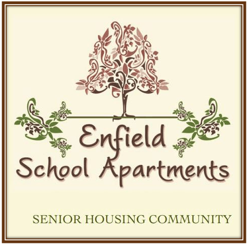 A logo for Enfield School Apartments, a senior housing community, features a tree with ornate branches.